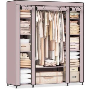 imageSONGMICS Closet Wardrobe Portable Closet for Bedroom Clothes Rail with NonWoven Fabric Cover Clothes Storage Organizer 59 x 177 x 69 Inches 12 Compartments Black ULSF03HDusty Pink