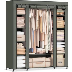 imageSONGMICS Closet Wardrobe Portable Closet for Bedroom Clothes Rail with NonWoven Fabric Cover Clothes Storage Organizer 59 x 177 x 69 Inches 12 Compartments Black ULSF03HSage Green