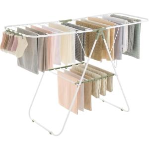 imageSONGMICS Clothes Drying Rack with Sock Clips Metal Laundry Rack Foldable SpaceSaving FreeStanding Airer with 2 HeightAdjustable Gullwings Indoor Outdoor Use Silver and White ULLR052W01White  Green