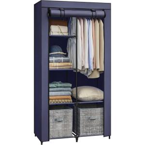 imageSONGMICS Portable Closet Clothes Storage Organizer with 6 Shelves 1 Clothes Hanging Rail NonWoven Fabric Closet Metal Frame 346 x 177 x 661 Inches Grey URYG84GYDark Blue