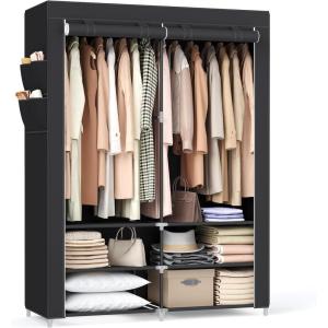 imageSONGMICS Portable Closet Wardrobe with Shoe Rack and Cover Closet Storage Organizer 2 Hanging Rods Shelves and 4 Side Pockets 50 x 177 x 693 Inches Spacious for Bedroom Black URYG008B02Black