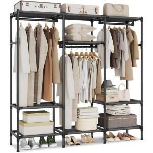 imageSONGMICS Wardrobe Closet 65 Inch Heavy Duty Portable Closet Freestanding Closet Organizer Clothes Rack with Cover 2 Hanging Rails 3 Shelves4 Side PocketsBlack URDR301B023Row without Cover