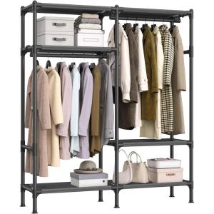 imageSONGMICS Wardrobe Closet 65 Inch Heavy Duty Portable Closet Freestanding Closet Organizer Clothes Rack with Cover 2 Hanging Rails 3 Shelves4 Side PocketsBlack URDR301B022Row without Cover