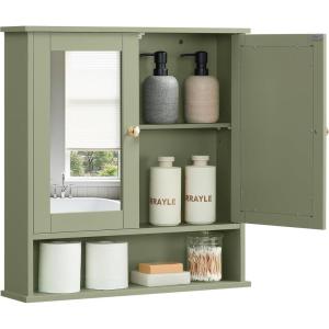 imageVASAGLE Bathroom Cabinet with Mirror Wall Cabinet with 2 Mirrored Doors Adjustable Shelf Open Compartment WallMounted 51 x 222 x 23 Inches Laurel Green ULHC002C02Laurel Green