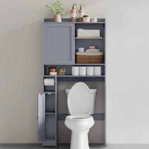 imageVASAGLE Over The Toilet Storage Shelf Bathroom Storage Cabinet with Sliding Door Adjustable Shelves Toilet Paper Holder SpaceSaving Modern 98 x 327 x 669 Inches Cloud White UBTS018W01Dove Gray