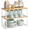 imageSONGMICS Cabinet Organizer Shelf Set of 2 Kitchen Counter Shelves Kitchen Storage Spice Rack Stackable Expandable Metal and Engineered Wood Ink Black and Ebony Black UKCS02B01Cloud White  Natural Beige