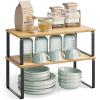 imageSONGMICS Cabinet Organizer Shelf Set of 2 Kitchen Counter Shelves Kitchen Storage Spice Rack Stackable Expandable Metal and Engineered Wood Ink Black and Ebony Black UKCS02B01Ink Black  Natural Beige