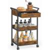 imageVASAGLE Storage Cart 3Tier Rolling Utility Cart with Table Top Handles 4 Lockable Casters Top Drawer Mesh Shelves for Kitchen Bathroom Bedroom Rustic Brown and Ink Black ULRC048K01Rustic Brown  Ink Black