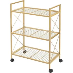 imageSONGMICS 3Tier Metal Storage Rack with Wheels Mesh Shelving Unit with X Side Frames 236Inch Width for Entryway Kitchen Living Room Bathroom Industrial Style Metallic Gold UBSC163A02Metallic Gold