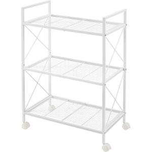 imageSONGMICS 3Tier Metal Storage Rack with Wheels Mesh Shelving Unit with X Side Frames 236Inch Width for Entryway Kitchen Living Room Bathroom Industrial Style Metallic Gold UBSC163A02White