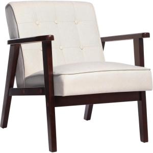 imageSONGMICS Accent Leisure Chair MidCentury Modern Arm Chair with Solid Wood Armrests and Legs 1Seat Cushioned Sofa for Living Room Bedroom Balcony Studio Light Gray ULAC001G01Beige