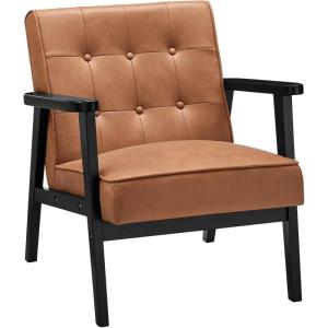 imageSONGMICS Accent Leisure Chair MidCentury Modern Arm Chair with Solid Wood Armrests and Legs 1Seat Cushioned Sofa for Living Room Bedroom Balcony Studio Light Gray ULAC001G01Coffee Brown