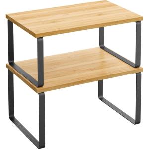 imageSONGMICS Cabinet Organizer Shelf Set of 2 Kitchen Counter Shelves Kitchen Storage Spice Rack Stackable Expandable Metal and Engineered Wood Ink Black and Ebony Black UKCS02B01Ink Black  Natural Beige