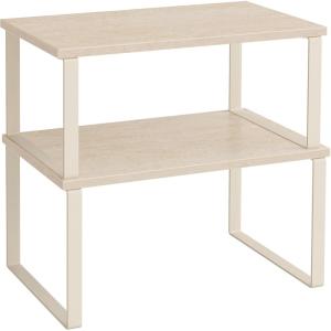 imageSONGMICS Cabinet Organizer Shelf Set of 2 Kitchen Counter Shelves Kitchen Storage Spice Rack Stackable Expandable Metal and Engineered Wood Ink Black and Ebony Black UKCS02B01Travertine Beige  Cream White