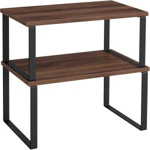 imageSONGMICS Cabinet Organizer Shelf Set of 2 Kitchen Counter Shelves Kitchen Storage Spice Rack Stackable Expandable Metal and Engineered Wood Ink Black and Ebony Black UKCS02B01Natural Walnut  Matte Black