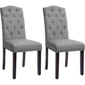 imageSONGMICS Set of 2 Dining Chairs with High Back Tufted Design Solid Wood Legs Upholstered Stools CottonLinen Blend Fabric Dark Gray ULDC028G02Light Gray
