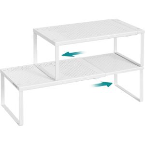 imageSONGMICS Spice Rack Expandable Kitchen Countertop Shelf Small Cupboard Organizer Metal SpaceSaving Tabletop Shelf Matte White UKCS007W01Matte White