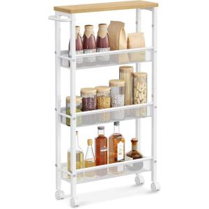 imageVASAGLE Slim Rolling Cart 5Tier Storage Cart Narrow Cart with Handle 51 Inches Deep Metal Frame for Kitchen Dining Room Living Room Home Office Oak Beige and Classic White ULRC034W09Oak Beige  Classic White