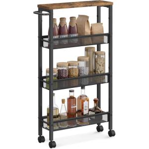 imageVASAGLE Slim Rolling Cart 5Tier Storage Cart Narrow Cart with Handle 51 Inches Deep Metal Frame for Kitchen Dining Room Living Room Home Office Oak Beige and Classic White ULRC034W09Rustic Brown  Classic Black