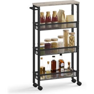 imageVASAGLE Slim Rolling Cart 5Tier Storage Cart Narrow Cart with Handle 51 Inches Deep Metal Frame for Kitchen Dining Room Living Room Home Office Oak Beige and Classic White ULRC034W09Heather Greige  Classic Black