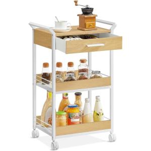 imageVASAGLE Storage Cart 3Tier Rolling Utility Cart with Table Top Handles 4 Lockable Casters Top Drawer Mesh Shelves for Kitchen Bathroom Bedroom Rustic Brown and Ink Black ULRC048K01Golden Oak  Cloud White