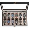 imageSONGMICS 10Slot Watch Box Solid Wood Organizer With Glass Lid Display Case With Removable Pillows Gift for Loved Ones Ebony Black UJOW100B01Ebony Black