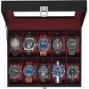 imageSONGMICS Watch Box 12Slot Watch Case with Large Glass Lid Removable Watch Pillows Watch Box Organizer Gift for Loved Ones Black Synthetic Leather Greenish Beige Lining UJWB12BEBlack  Wine Red