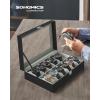 imageSONGMICS Watch Box 12Slot Watch Case with Large Glass Lid Removable Watch Pillows Watch Box Organizer Gift for Loved Ones Black Synthetic Leather Greenish Beige Lining UJWB12BEBlack  Gray