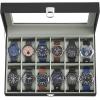 imageSONGMICS Watch Box 12Slot Watch Case with Large Glass Lid Removable Watch Pillows Watch Box Organizer Gift for Loved Ones Black Synthetic Leather Greenish Beige Lining UJWB12BEBlack  Gray