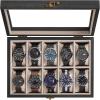 imageSONGMICS 10Slot Watch Box Solid Wood Organizer With Glass Lid Display Case With Removable Pillows Gift for Loved Ones Ebony Black UJOW100B01Ebony Black