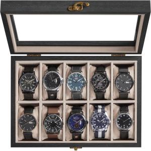 imageSONGMICS 10Slot Watch Box Solid Wood Organizer With Glass Lid Display Case With Removable Pillows Gift for Loved Ones Ebony Black UJOW100B01Ebony Black