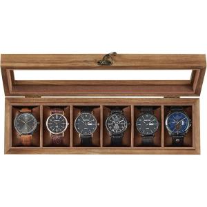 imageSONGMICS 10Slot Watch Box Solid Wood Organizer With Glass Lid Display Case With Removable Pillows Gift for Loved Ones Ebony Black UJOW100B01Rustic Walnut