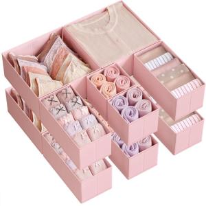 imageSONGMICS Drawer OrganizerDresser Drawer Organizers Set of 12 Foldable Fabric Storage Bins for Socks Underwear Bras Ties Scarves Cloud White URDZ006W02Jelly Pink