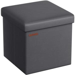 imageSONGMICS MAZIE Collection  43 Inches Folding Storage Ottoman Bench Ottoman with Storage Foot Rest Stool Load 660 lb for Living Room Synthetic Leather White ULSF702Dark Gray