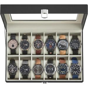 imageSONGMICS Watch Box 12Slot Watch Case with Large Glass Lid Removable Watch Pillows Watch Box Organizer Gift for Loved Ones Black Synthetic Leather Greenish Beige Lining UJWB12BEBlack  Greenish Beige