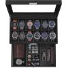 imageSONGMICS 12Slot Watch Box Lockable Watch Case with Glass Lid 2 Layers with 1 Drawer for Rings Bracelets Gift Idea Black Synthetic Leather Black Lining UJWB012B03Black  Black