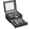 imageSONGMICS 12Slot Watch Box Lockable Watch Case with Glass Lid 2 Layers with 1 Drawer for Rings Bracelets Gift Idea Black Synthetic Leather Black Lining UJWB012B03Black  Gray