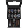 imageSONGMICS 12Slot Watch Box Lockable Watch Case with Glass Lid 2 Layers with 1 Drawer for Rings Bracelets Gift Idea Black Synthetic Leather Black Lining UJWB012B03Black  Black