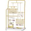 imageSONGMICS Jewelry Stand Jewelry Organizer Jewelry Display Holder with Metal Frame 2 Earring Boards 6 Hanging Rods Necklace Earring Bracelet Holder for Rings Ink Black UJJS024B01Metallic Gold