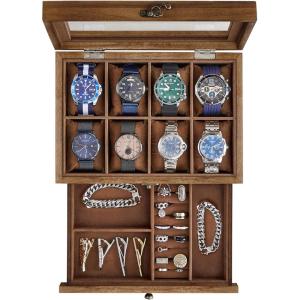 imageSONGMICS 12Slot Watch Box 2Tier Watch Display Case with Large Glass Lid Removable Watch Pillows Velvet Lining Jewelry Box Gift Idea Ebony Black UJOW012B01Rustic Walnut
