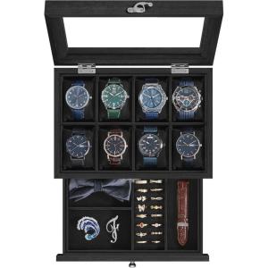 imageSONGMICS 12Slot Watch Box 2Tier Watch Display Case with Large Glass Lid Removable Watch Pillows Velvet Lining Jewelry Box Gift Idea Ebony Black UJOW012B01Ink Black
