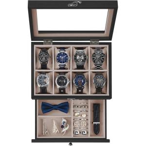 imageSONGMICS 12Slot Watch Box 2Tier Watch Display Case with Large Glass Lid Removable Watch Pillows Velvet Lining Jewelry Box Gift Idea Ebony Black UJOW012B01Ebony Black