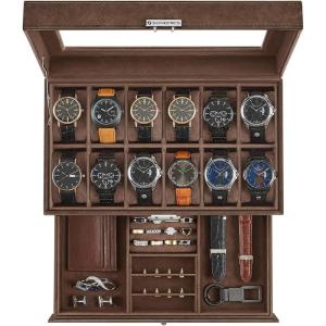 imageSONGMICS 12Slot Watch Box Lockable Watch Case with Glass Lid 2 Layers with 1 Drawer for Rings Bracelets Gift Idea Black Synthetic Leather Black Lining UJWB012B03Brown  Brown