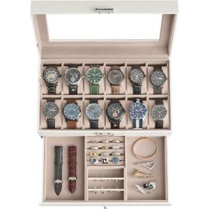 imageSONGMICS 12Slot Watch Box Lockable Watch Case with Glass Lid 2 Layers with 1 Drawer for Rings Bracelets Gift Idea Black Synthetic Leather Black Lining UJWB012B03Cloud White  Cappuccino Beige