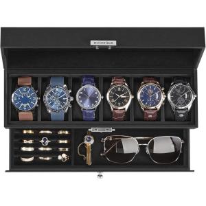 imageSONGMICS 12Slot Watch Box Lockable Watch Case with Glass Lid 2 Layers with 1 Drawer for Rings Bracelets Gift Idea Black Synthetic Leather Black Lining UJWB012B03Black  Black