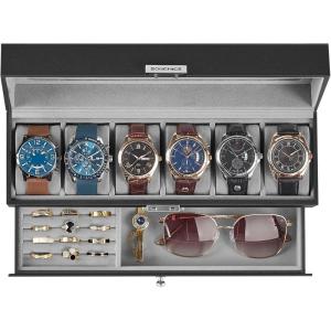 imageSONGMICS 12Slot Watch Box Lockable Watch Case with Glass Lid 2 Layers with 1 Drawer for Rings Bracelets Gift Idea Black Synthetic Leather Black Lining UJWB012B03Black  Gray