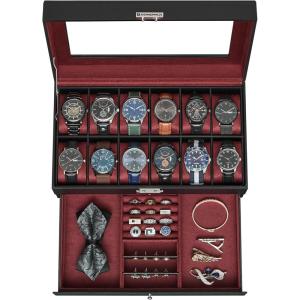 imageSONGMICS 12Slot Watch Box Lockable Watch Case with Glass Lid 2 Layers with 1 Drawer for Rings Bracelets Gift Idea Black Synthetic Leather Black Lining UJWB012B03Black  Wine Red