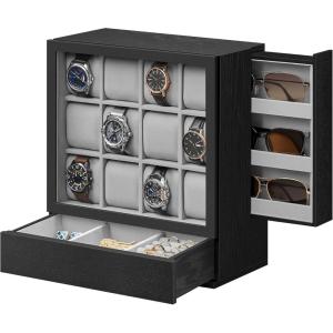 imageSONGMICS 12Slot Wooden Watch Box Display Case With Window Cabinet With Solid Wood Veneer Velvet Lining Vertical Storage Space Saving Gift Idea Ebony Black UJOW014B01Ebony Black