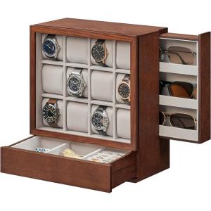 imageSONGMICS 12Slot Wooden Watch Box Display Case With Window Cabinet With Solid Wood Veneer Velvet Lining Vertical Storage Space Saving Gift Idea Ebony Black UJOW014B01Coffee Brown