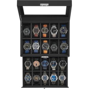 imageSONGMICS 20Slot Watch Box Watch Case with Glass Lid 2 Layers Lockable Watch Display Case Black Synthetic Leather Black Lining UJWB020B01Black  Black